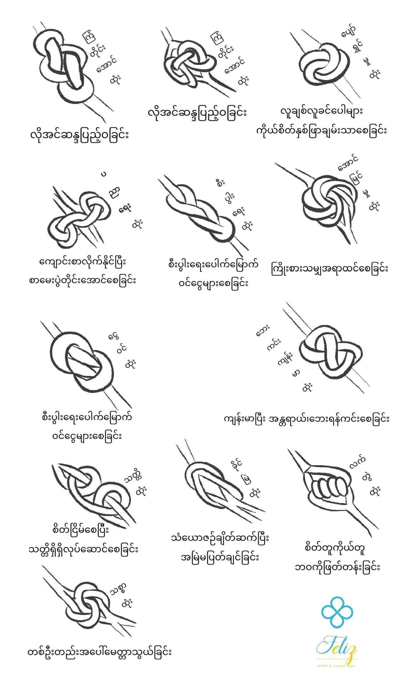 Feliz knot guide — read left to right, top to bottom